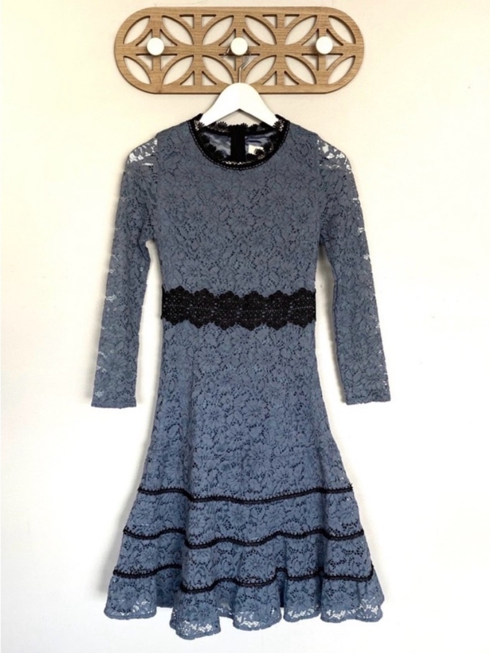 Metisu Blue Lace Long-Sleeve Midi Dress with Black Trim NWT - Picture 5 of 5